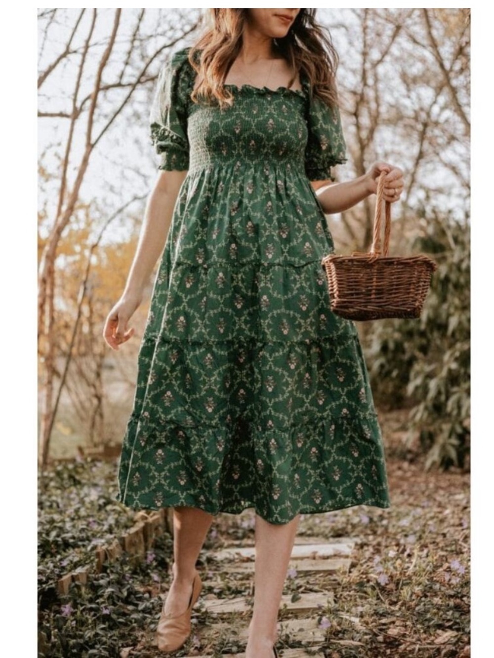 Hill House Nesli Midi Dress Green Cotton Floral Emerald trellis Size S